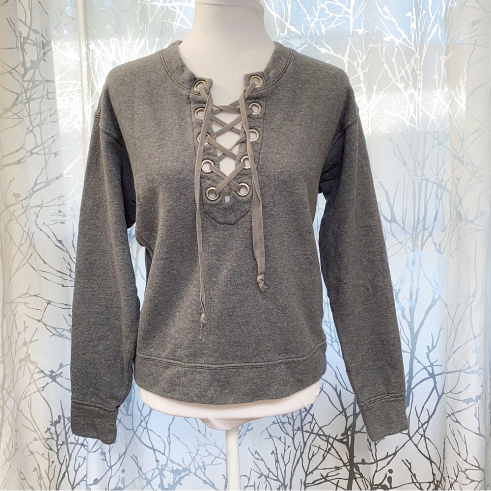 MOTHER gray The Tie up easy lace up v-neck sweatshirt